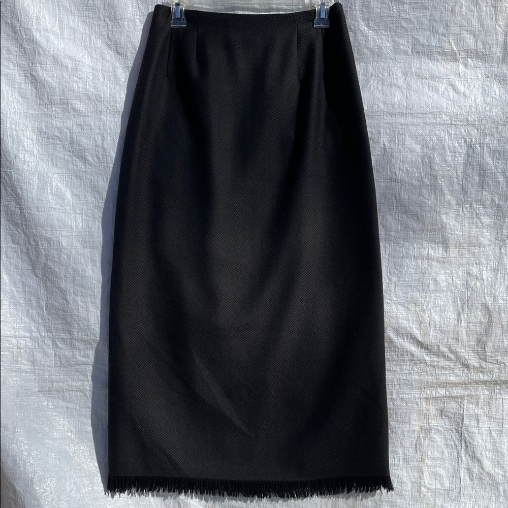 Harve Benard 100% Wool Vintage Black Pencil Skirt with Fringe, Sz 8